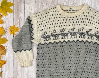 Pull de Noël, pull nordique, pull de Laponie tricoté à la main, cadeau motif renne, pull d'hiver surdimensionné - Grande taille homme