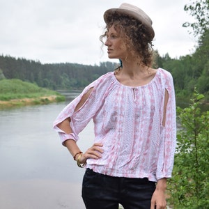 MUSTANG vintage zomershirt Roze boho blouse jaren '70 western country blouse Romantisch bloemenshirt Retro boho blouse afbeelding 1