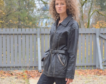 Distressed black leather jacket, women's biker jacket, moto jacket, leather coat, goatskin jacket, real leather, Size M