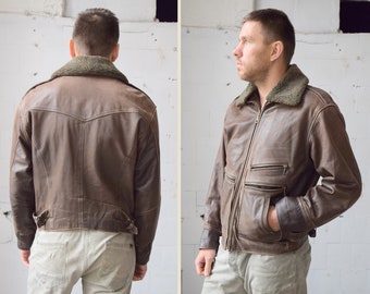 Leather aviator jacket, vintage winter jacket, real leather, biker jacket, brown moto jacket, 70s retro jacket, size M/L