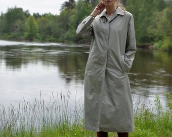 Grijze vintage damestrenchcoat - Gevoerde herfstlange jas - Casual jaren '80 duster minimalistische jas - Dames middelgroot