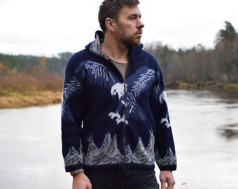 Blue Andes hoodie, South American wool jacket, Eagle sweater, Aztec theme cardigan - Men's small size