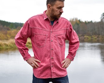 Pink vintage denim BIK BOK shirt - 90s retro distressed grunge skate shirt - Men's medium size