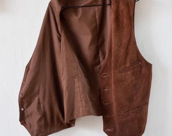 Vintage C&A Wildleder-Lederweste - Braune 80er Leder-Bikerweste - Herrengröße MEDIUM