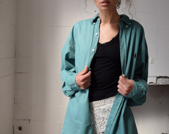 Mint Green Denim Shirt, Long Sleeved Women's Shirt, Vintage Buttonup