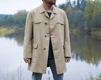 Vintage trenchcoat, beige stofjas, herenjas, jas, minimalistische overjas, unisex, maat L