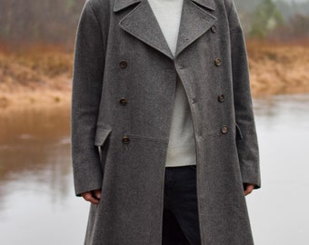 Premium vintage Brittish tweed trench coat, Gray winter 90s London overcoat, Retro wool topcoat, Formal event midi coat - Men&#39;s LARGE size