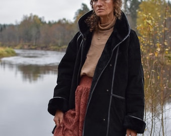 Vintage Black Shearling Coat, Real Leather Winter Jacket, Nordic Style, Women's MEDIUM