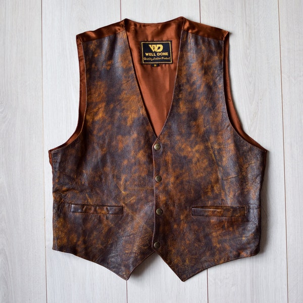 Real leather distressed moto vest - 70s retro biker leather jacket - South western style vest - Men's small size