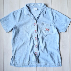 Chemise en jean brodée florale vintage - Studio style années 90 - Femme L