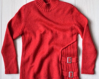Vintage Red Wool Nordic Sweater: Chunky Knit Cottagecore Jumper