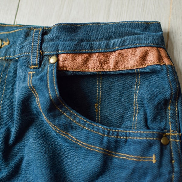 Vintage denim High Waist summer shorts, 90s grunge jeans, Denim shorts with leather patches - Women's LARGE size