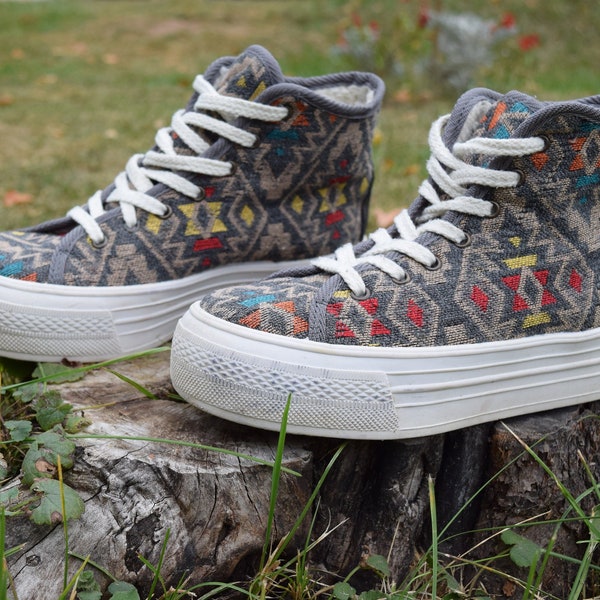 Navajo Print Plateau Schuhe, Vintage Sneaker, Tie Sneaker, Hippie Schuhe, 70s, EU 38