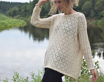 White vintage sweater - Beige oversized pullover - Bohemian crochet sweater - 60s & 70s retro jumper - Medium size