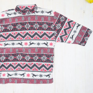 Vintage Nordic Fleece Pullover, Purple Short Sleeve Sweater, M/L