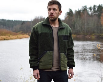 Scandinavian vintage thermal wear, Green retro hunting jacket, 80s nordic fleece sweater, MADE IN SWEDEN - Men's medium size