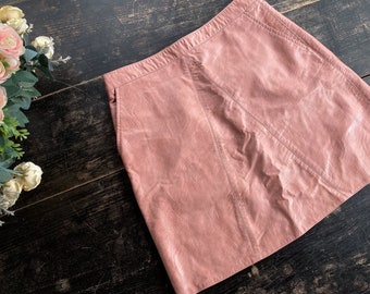 Pink leather 80s midi skirt - Bohemian pale pink distressed festival skirt - Romantic summer skirt - Women's small size