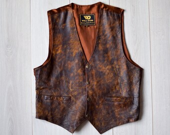 Chaleco de moto desgastado de cuero real - chaqueta de cuero de motociclista retro de los años 70 - chaleco estilo suroeste - tamaño pequeño para hombre