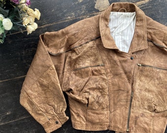 Retro real leather biker jacket - Brown smooth leather cropped jacket - Women&#39;s large size