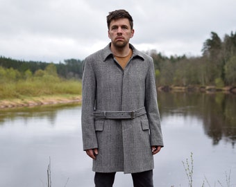SWEDISH vintage checkered coat, Woolen retro midi coat, Men's belted 90s duster great coat - Men's MEDIUM size