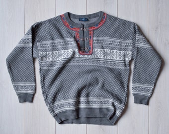 Pull folklore norvégien, pull islandais, pull en tricot nordique gris des années 80 - Taille MOYENNE pour homme