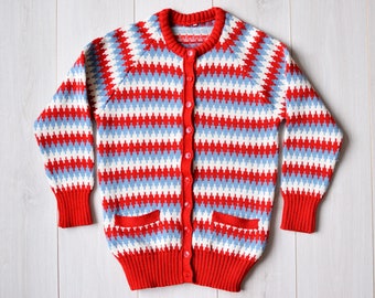 Cardigan à motifs en laine des Alpes italiennes, pull de ski tricoté confortable vintage des années 80, veste en laine de Noël rétro - petite taille femme