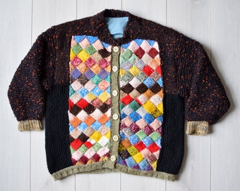 Hand knit cardigan, Grandpas sweater, Cozy 80s winter woolen jacket, Handmade vintage jumper - Women's LARGE size