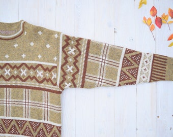 Beige nordic sweater, Scandinavian pullover, patterned wool sweater, handmade sweater, winter pullover, size M/L