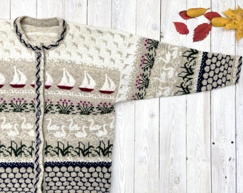 Hand knitted vintage cardigan - Nordic wool sweater - Patterned Scandinavian cardigan - Warm Christmas jumper - Retro knitwear - M size