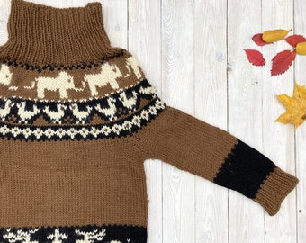 Pull vintage tricoté à la main - Pull nordique marron - Pull en laine islandaise - Pull scandinave à motifs - Pull à col montant - Taille M
