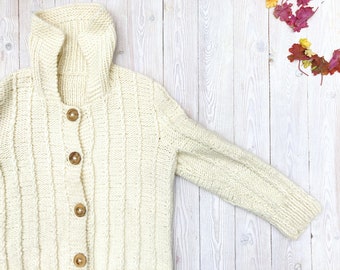 White aran cardigan, cable knit jacket, handmade nordic sweater, chunky 80s cardigan,  winter sweater, christmas cardigan. Medium size