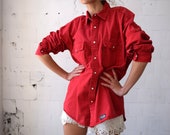 Red denim shirt, long sleeved PETROL shirt, vintage button-up shirt, 90s shirt, western, men shirt, women shirt, M L