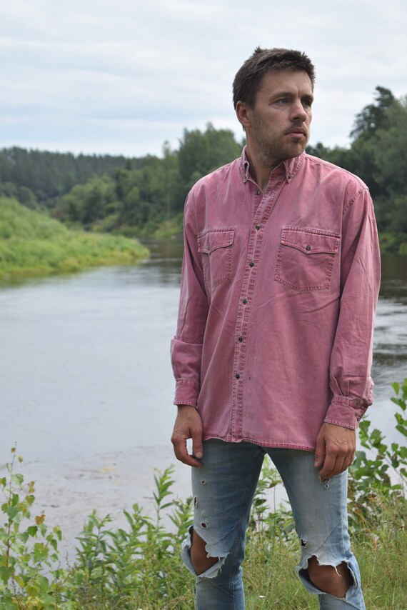 Pink distressed denim shirt - Vintage denim shirt