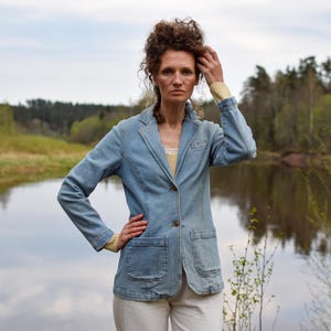 Vintage denim summer jacket, Blue jeans retro women&#39;s blazer, 90s denim casual jacket - Women&#39;s SMALL size