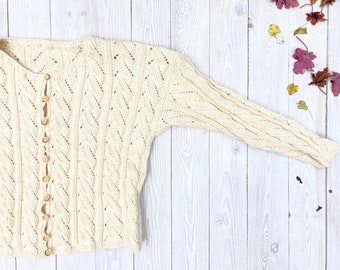 Vintage Cable Knit Cardigan - Handmade 80s Wool Blend Sweater - Medium