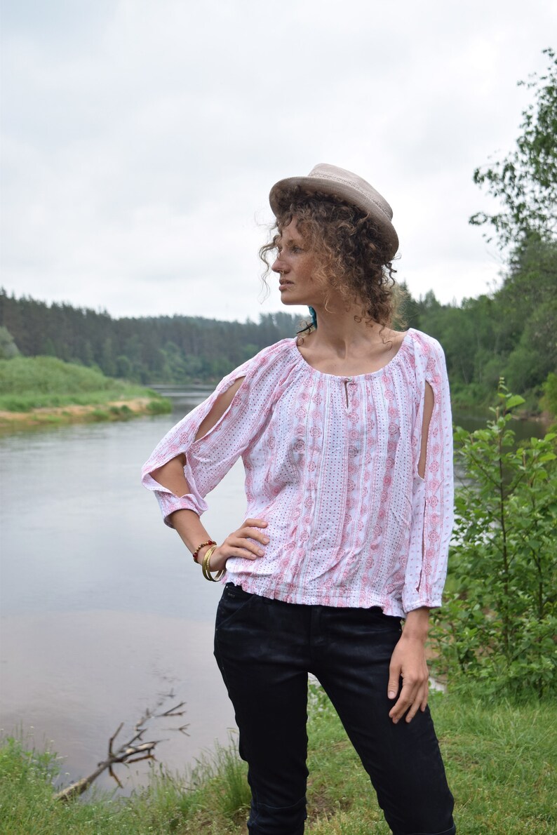 MUSTANG vintage summer shirt Pink bohemian blouse 70s western country blouse Romantic floral shirt Retro boho blouse image 1