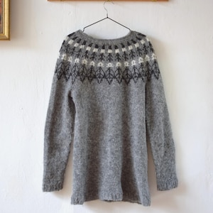 May include: A grey sweater with a patterned yoke, hanging on a black hanger. The yoke features a geometric design in black, white, and grey. The sweater is made of a soft, textured material and has long sleeves.