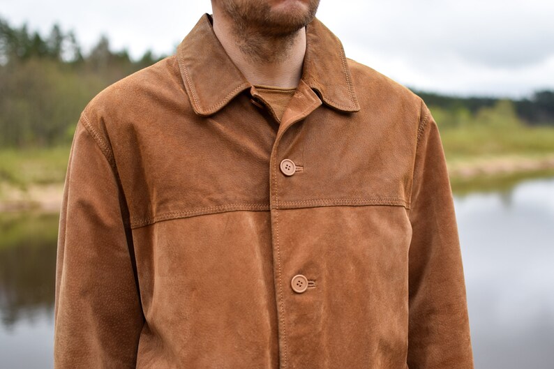 Tan brown leather jacket, suede vintage coat, western jacket, gift for him, 90s real leather blazer, genuine leather coat, Men's Large image 7