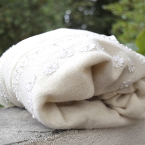 Natural material Snow White's cardigan - Knitted beige long winter jacket - 80s Christmas pearl sweater - Women's large size