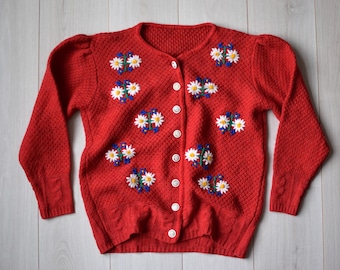 Vintage floral cardigan, Red knitted flower jacket, Romantic spring/autumn overjacket, Scandinavian retro fashion - Women&#39;s MEDIUM size