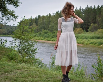 Romantic victorian summer dress - White vintage summer dress - Country midi dress - 70s lace dress - Partly transparent dress - Small size