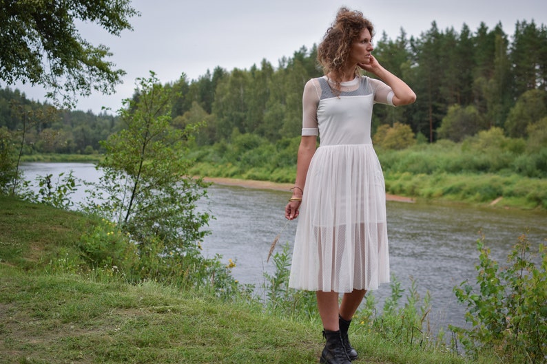 Romantic victorian summer dress White vintage summer dress Country midi dress 70s lace dress Partly transparent dress Small size image 1