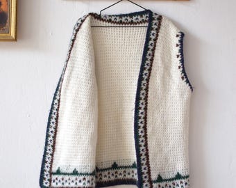 Hand Knitted Nordic Wool Vest, Retro Scandinavian Winter Cardigan, Women's Large