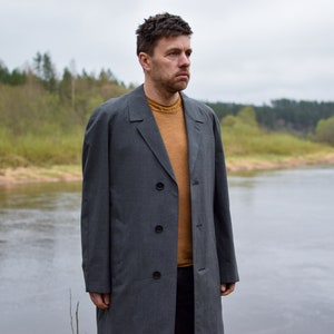 Vintage Gray Wool Duster Coat: 90s MELKA Swedish Trench, Men's L