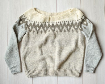 Beige IJslandse wollen trui, Fair Isle vintage trui, cadeau voor haar, dameswollen trui, handgemaakte trui uit de jaren 90, Dames S/M