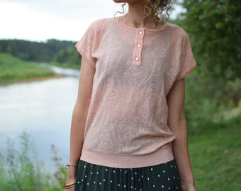 Bluzka w kwiaty w stylu vintage w kolorze brzoskwiniowym – bluzka z krótkim rękawem w stylu boho (S/M)