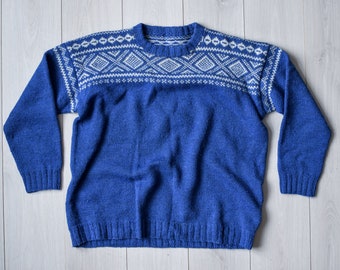 Pull nordique islandais, folklore fait main, pull vintage tricoté à la main des années 80, pull tricoté d'hiver en laine bleue - grande taille homme