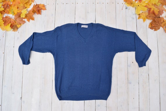 Blue woven sweater, vintage wool jumper, V neck s… - image 1