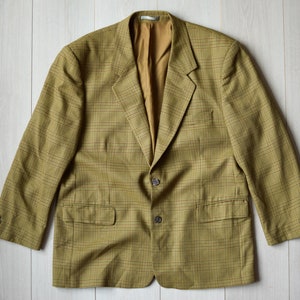 Yellow green DUTCH vintage suit, Retro checkered Glen Check blazer, 80s wedding jacket - Men&#39;s LARGE size
