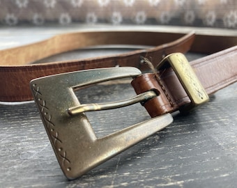 Brown real leather vintage belt - Hipster's copper buckle cowboy's belt - 60s leather belt